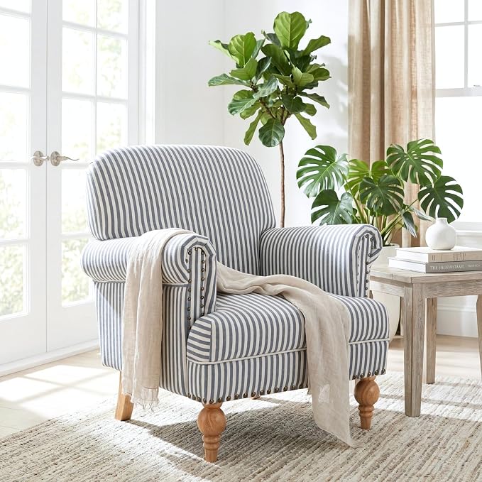 Blue Striped Linen Fabric Accent Chairs Set of 2, Coastal Upholstered Armchairs - Image 6