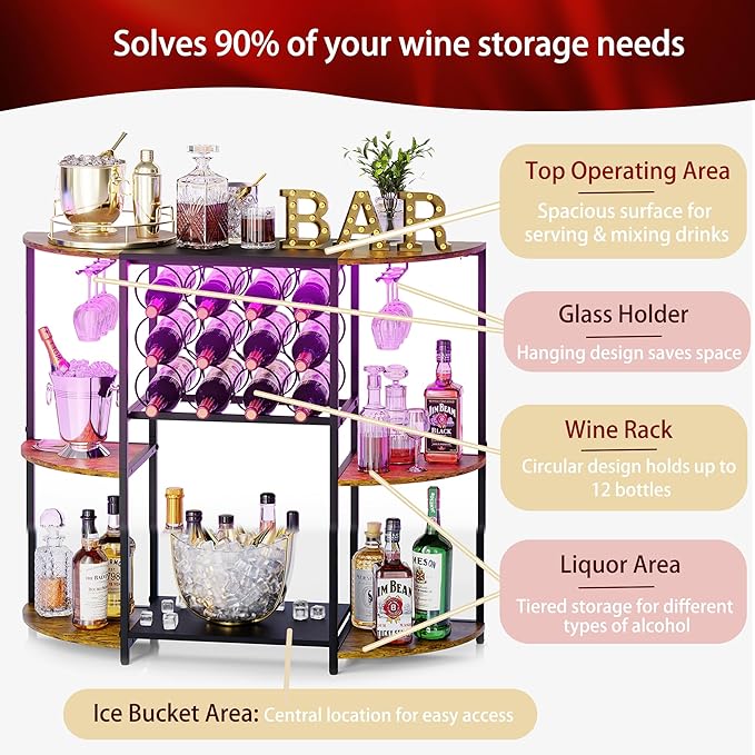 JKsmart Wine Bar Cart with LED Lights, Mini Wine Rack with Storage and Glass - Image 2
