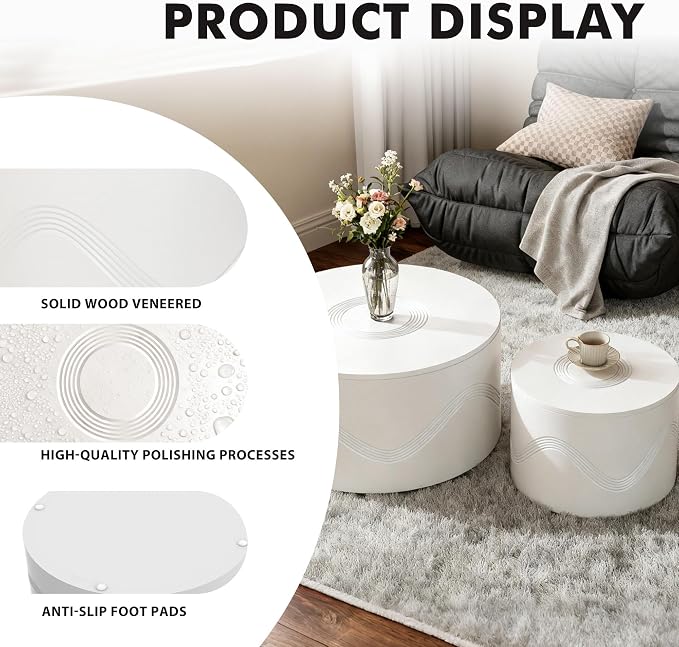 Round Nesting Coffee Table Set of 2, Circle Coffee Tables - Image 3