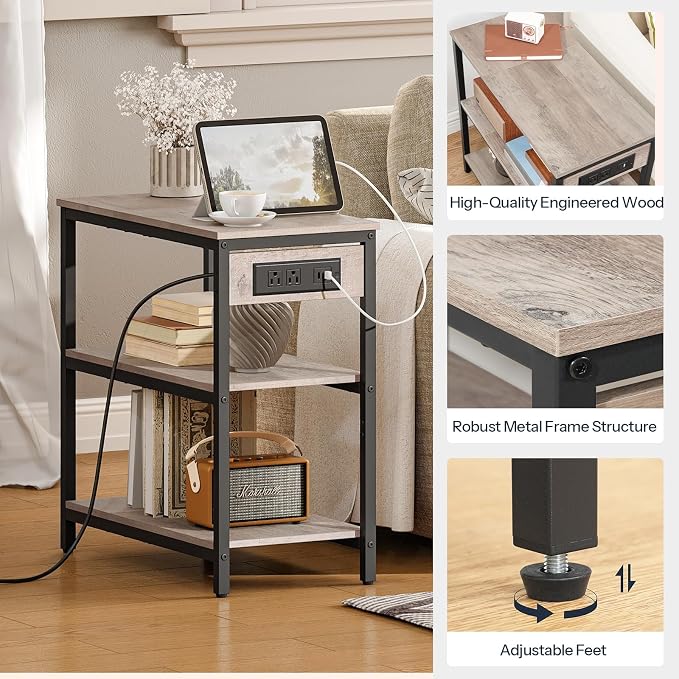HOOBRO End Table with Charging Station, Simple Rustic Side Table with 3-Tier - Image 7