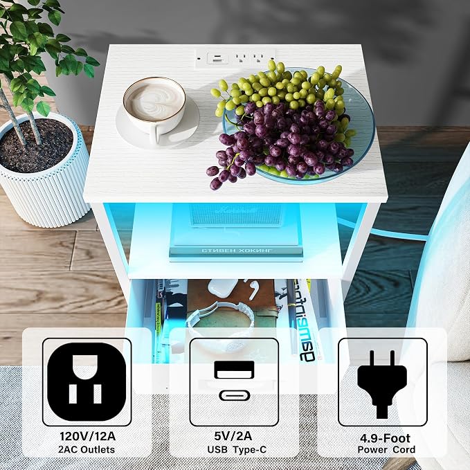 TUTOTAK LED End Table with Charging Station, Nightstand with Cloth Drawer - Image 4