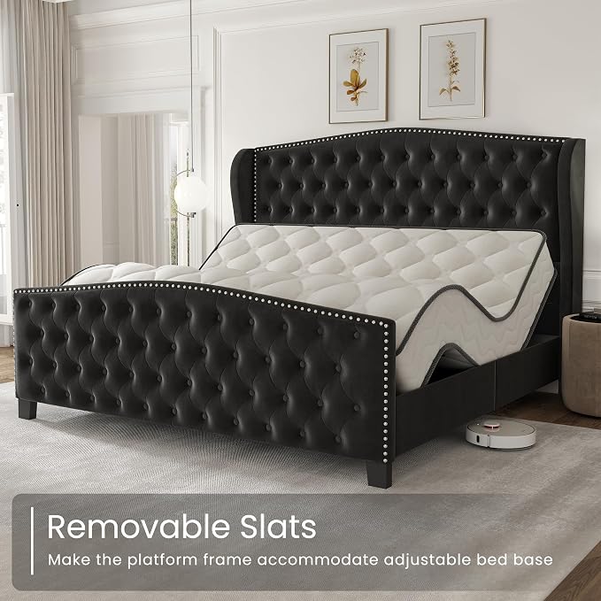 LARMACE King Size Bed Frame Velvet Upholstered Platform Bed - Image 9