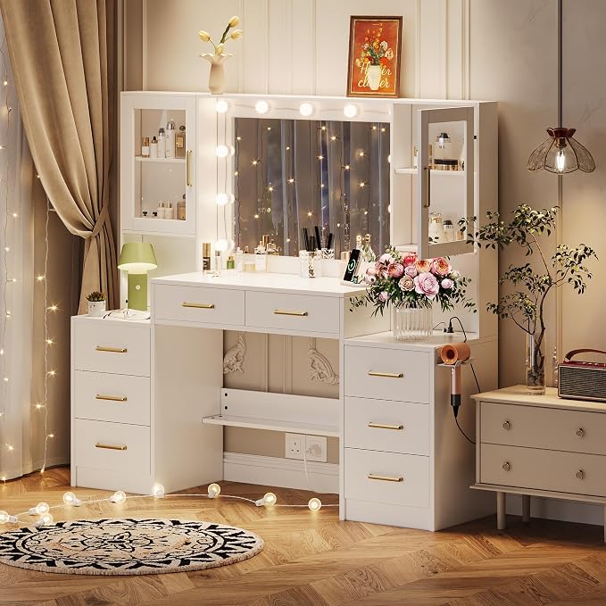 TOKSOM White Vanity Desk with Mirror, Lights & Charging Station, 2 Cabinets and - Image 7