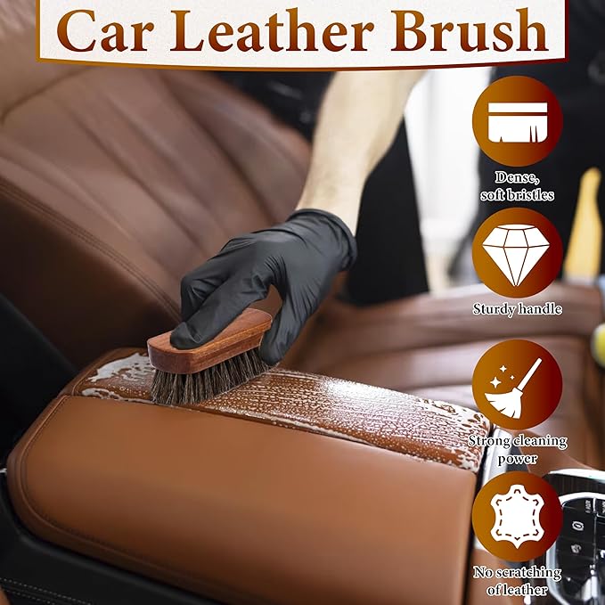 2 PCS Leather Brush Car Detailing, Horse Hair Brush, Car Cleaning Supplies - Image 5