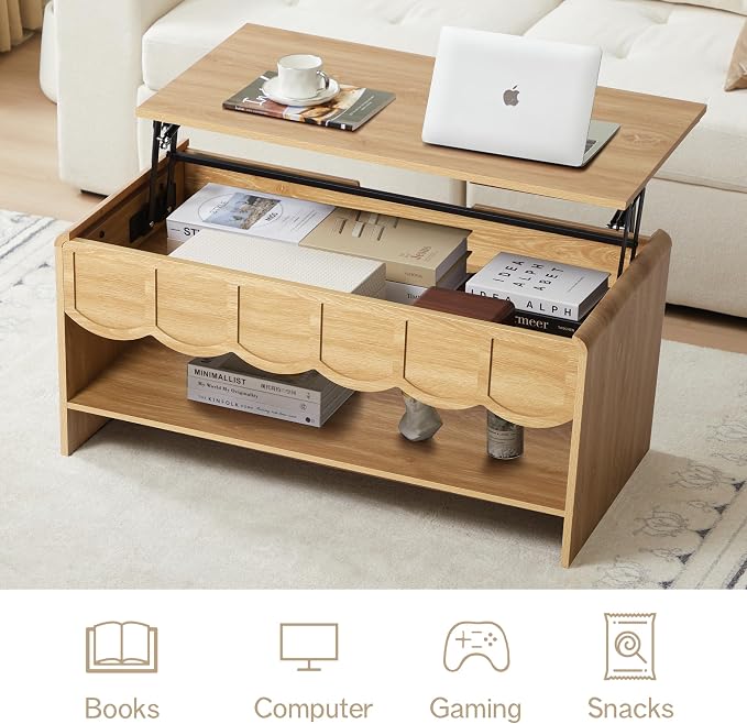 Lift Top Coffee Table with Hidden Compartment, 2 Tier Wooden Center Table with - Image 4