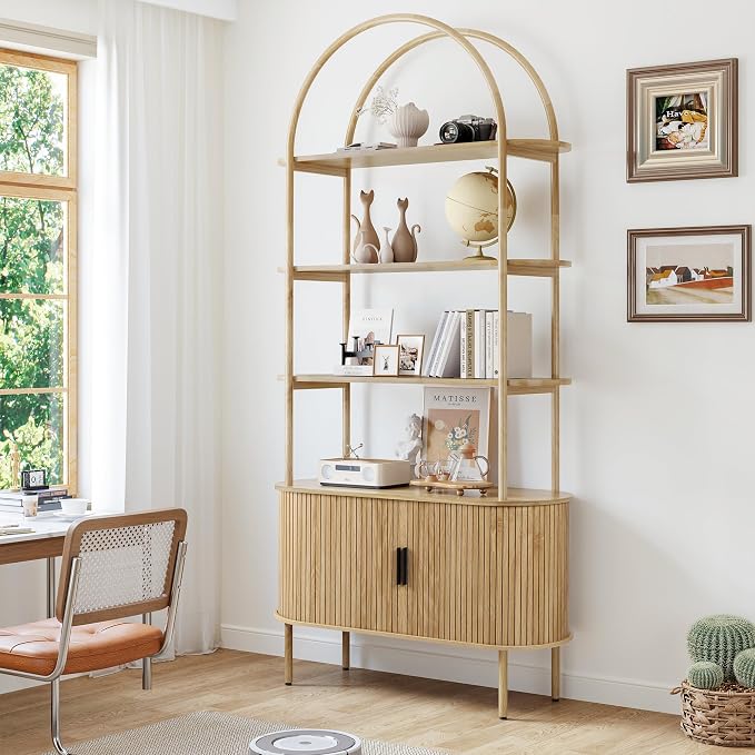 79" Tall Arched Bookshelf with Sliding Tambour Doors, Mid Century Modern Curved by JanmerHome