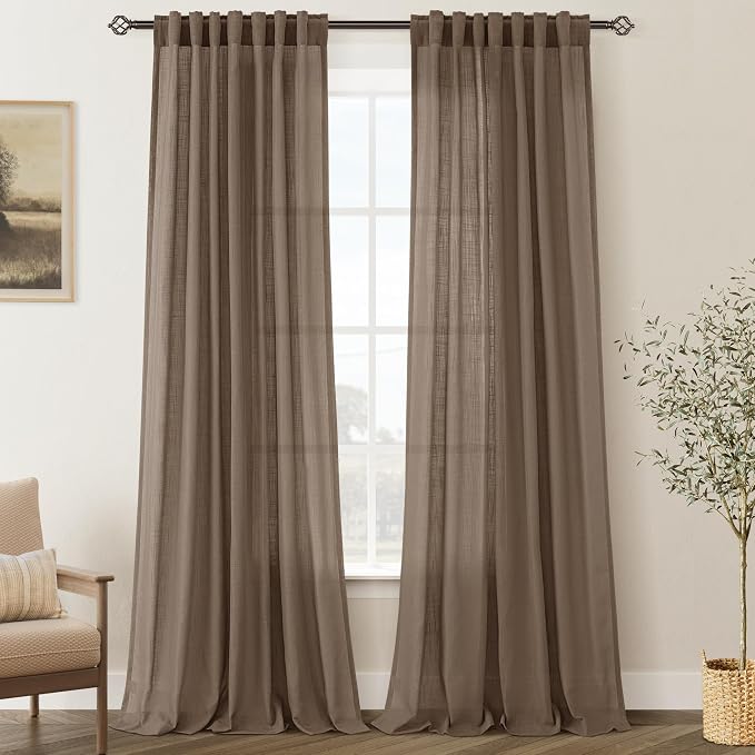 Chocolate Brown Linen Curtain 120 inch Length 2 Panels Back Tab Light Filtering by Jolilight