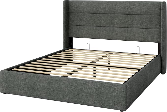 Allewie Full Size Lift Up Storage Bed, Modern Wingback Headboard, Hydraulic - Image 9