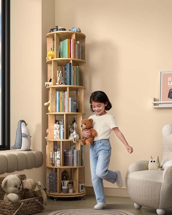 6-Tier Solid Wood Rotating Bookshelf on Wheels, 360° Spinning Book Shelf Tower - Image 8