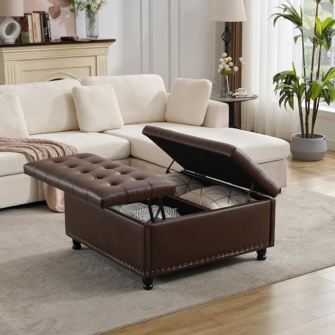 Tbfit Large Square Storage Ottoman Bench, Tufted Upholstered Coffee Table - Image 9