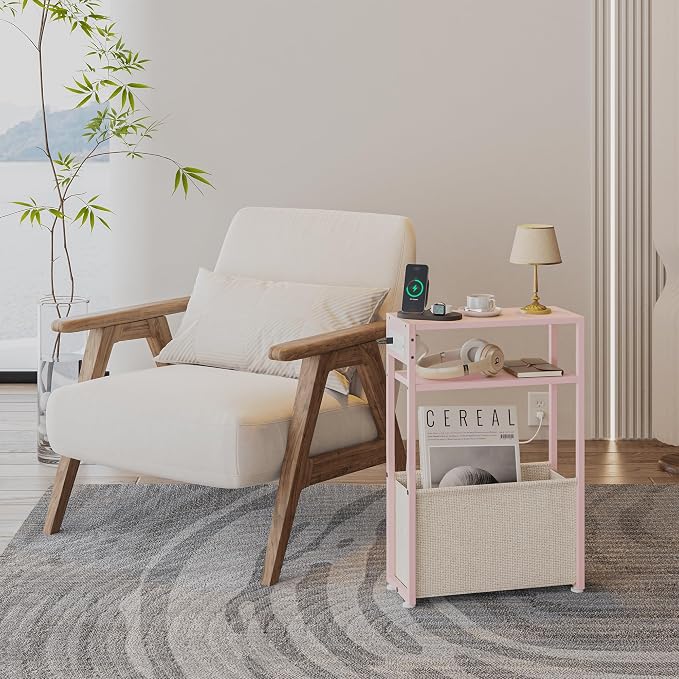 Leomonio Pink Side Table with Charging Station, Slim End Tables with Linen - Image 3