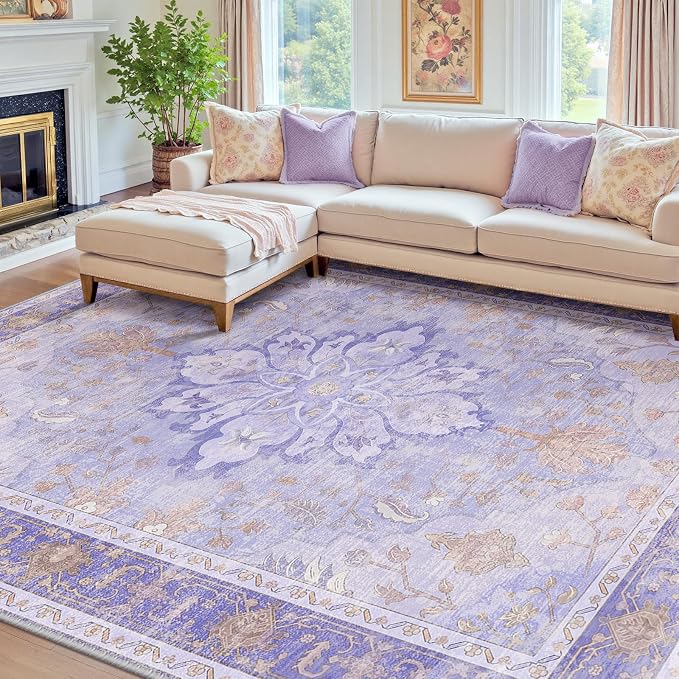 RELEANY Area Rugs 7'x10' Washable Non-Slip, Floral Vintage Distress Print by RELEANY