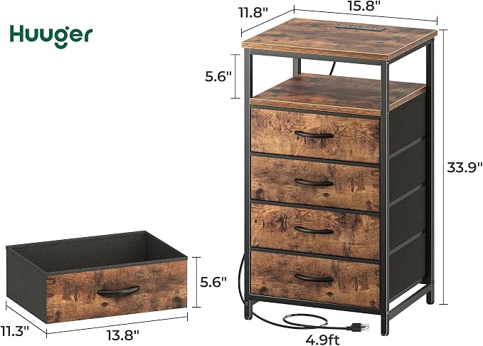 Huuger Night Stand with Charging Station, 4 Drawer Dresser - Image 3