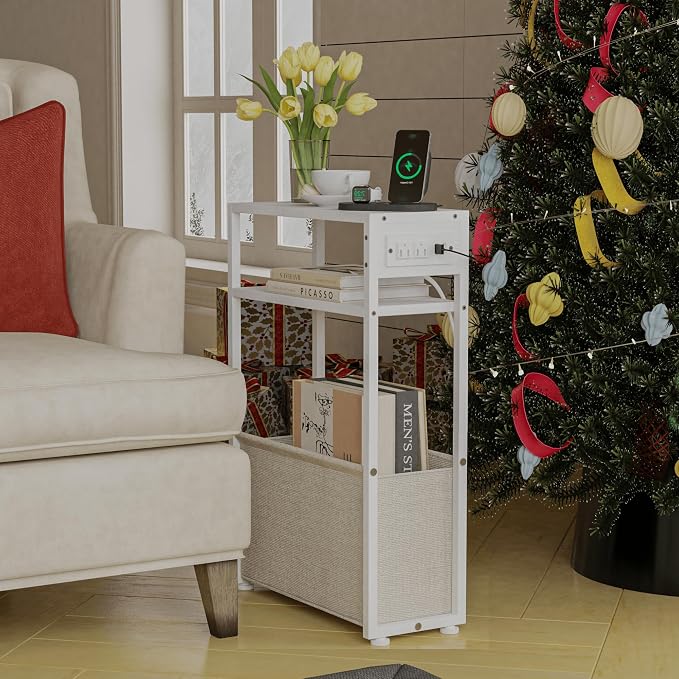 Leomonio White Side Table with Charging Station, Slim End Tables with Linen - Image 4