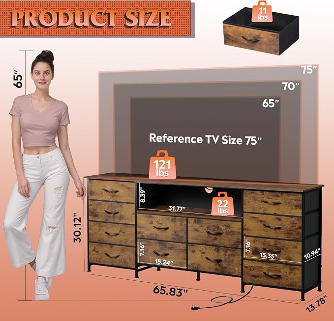 WLIVE 12 Drawer Dresser for Bedroom, Dresser TV Stand for 65, 75 inch TV - Image 2