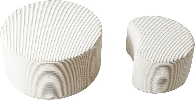 Modern Nesting Coffee Table Set of 2 in Beige, Upholstered Round Living Room - Image 5