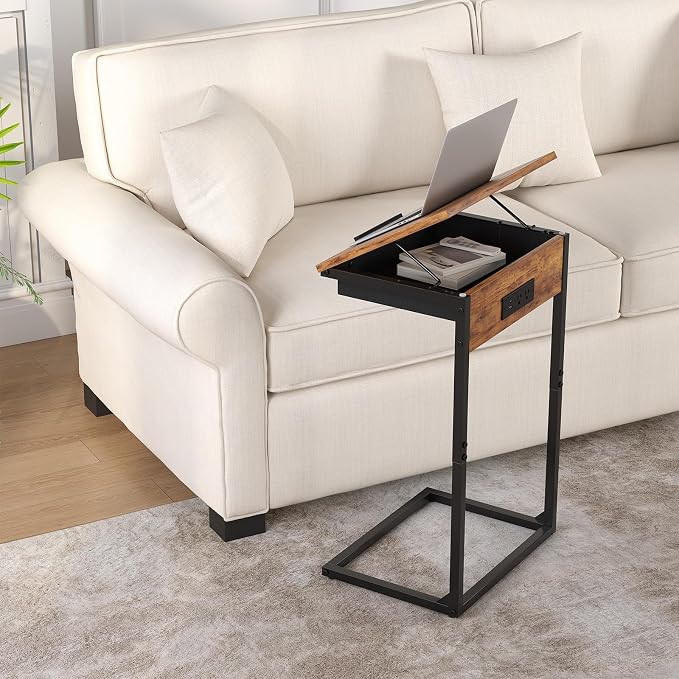 sthmec C Shaped End Table with Charging Station, 45° Tiltable Adjustable Flip - Image 2