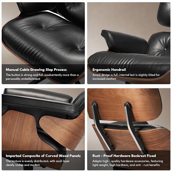 Top Black Grain Leather, Mid Century Chaise Lounge Chair and Ottoman, Leather - Image 8