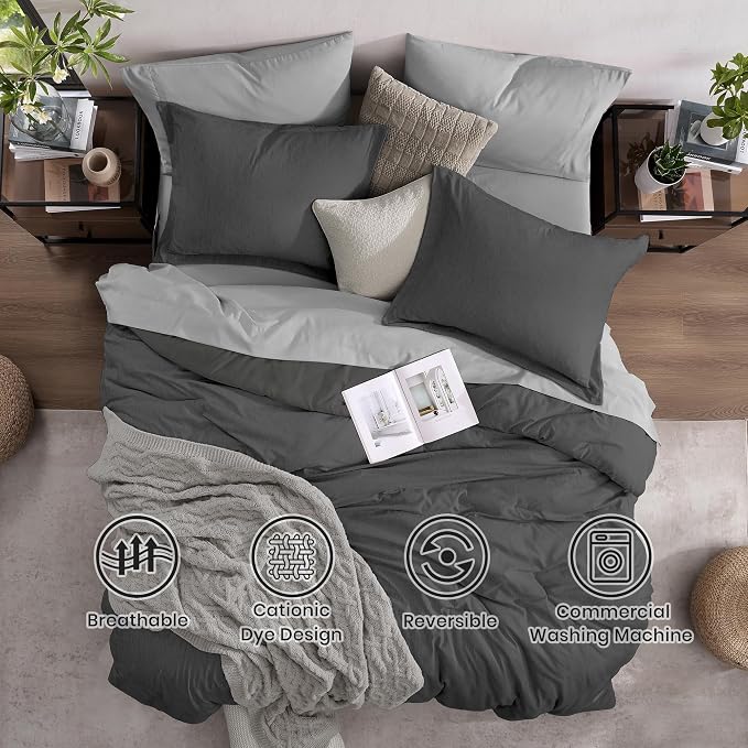 Monbix Full Size Comforter Set, Dark Grey Bedding Comforter - Image 2