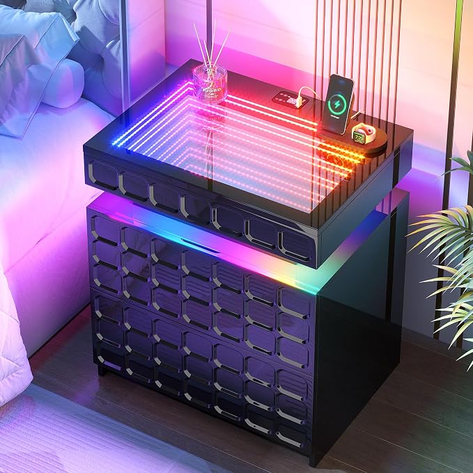 Night Stand with Charging Station and Smart RGB Lights, LED Nightstand with - Image 3