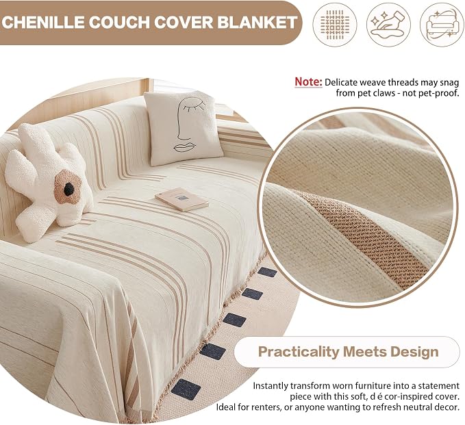 DREAMINGO Couch Cover for Sofa, Chenille Couch Cover Blanket, Washable Sofa - Image 3