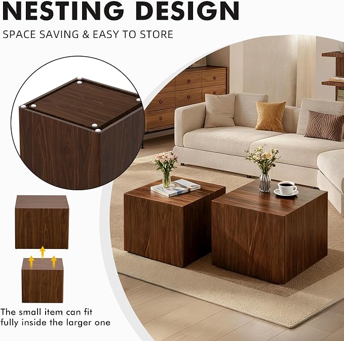 Square Nesting Tables for Living Room, Wood Nesting Coffee Table Walnut Veneer - Image 6