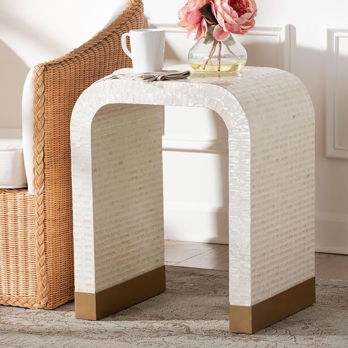 Bali & pari Carlyn Coastal Beige and White Mother of Pearl Capiz Shell End Table - Image 2