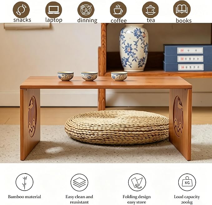 Folding Coffee Table, Japanese Floor Table, Low Bamboo Desk - Image 5