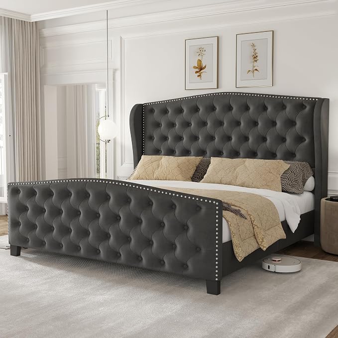 LARMACE Queen Size Bed Frame Velvet Upholstered Platform Bed by LARMACE