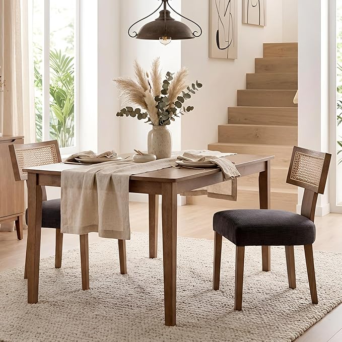 HNY Mid Century Modern Rattan Dining Chairs Set of 2, Farmhouse Linen by HNY