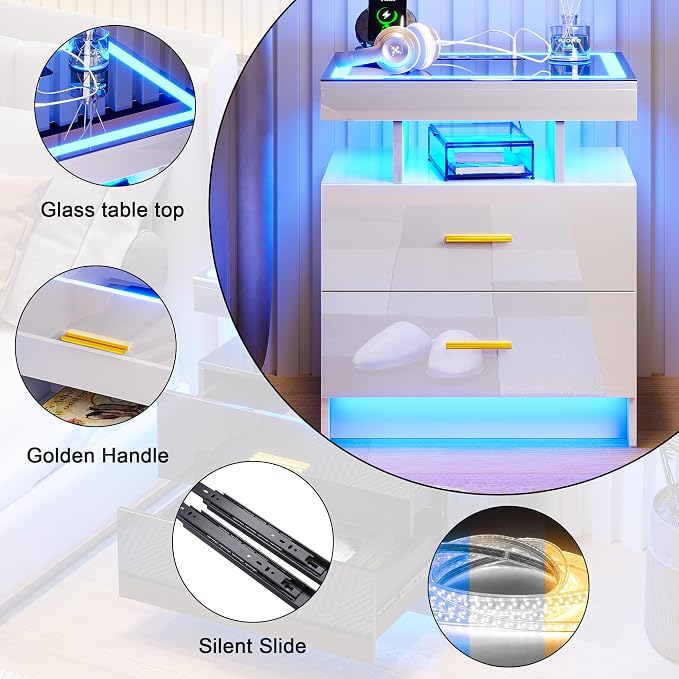 HNEBC Auto LED Nightstand Set of 2, High Gloss Bedside Table has 2 Drawers - Image 7
