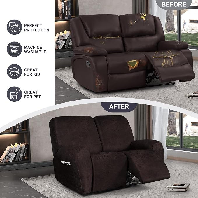ANARACHON Leather Look Loveseat Recliner Cover, 6-Pieces Stretch Dual Recliner - Image 6