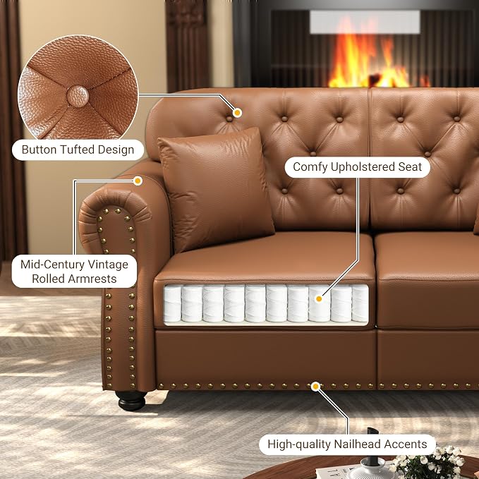 KEIKI 63" Faux Leather Chesterfield Sofa - Image 5