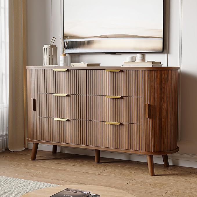 Decofy Fluted 6 Drawers Dresser, Curved Profile & Sturdy Legs, Wood TV Stand - Image 3