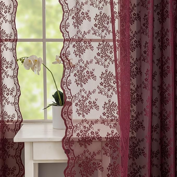 YJ YANJUN Vintage Lace Curtains 96 Inches Long-Victorian Floral Burgundy Xmas - Image 2