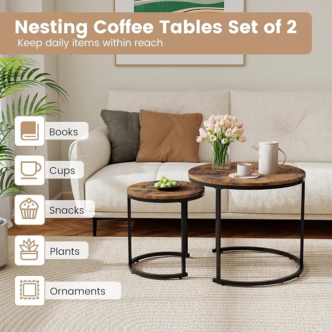 Giantex Nesting Coffee Table Set of 2, Round Stacking Side Tables w/Wooden - Image 4