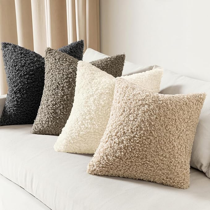Faux Fur Throw Pillow Covers 20x20 Inch Set of 2 Boucle Neutral Decorative - Image 4