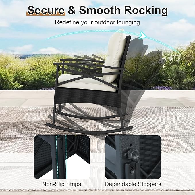 Tangkula 3 Pieces Outdoor Rocking Chairs Set, Rattan Heavy Duty Cushioned - Image 4