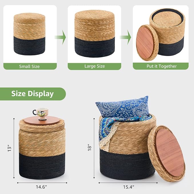 Wimarsbon Round Pouf Ottomans, Handwoven Natural Water Hyacinth Seagrass Pouffe - Image 3
