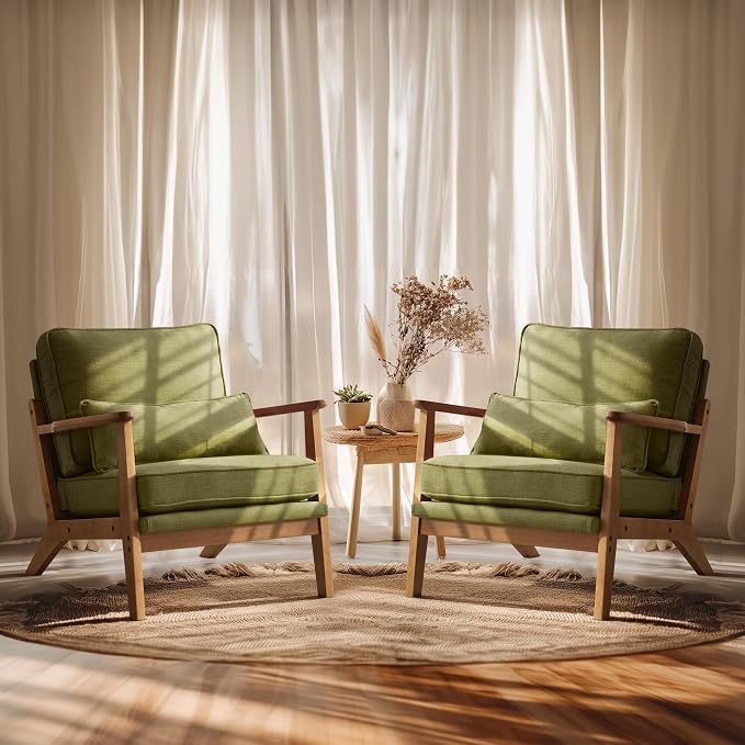 VINGLI Solid Wood Wide Armrests Accent Chair Set of 2, Upholstered Mid Century by VINGLI