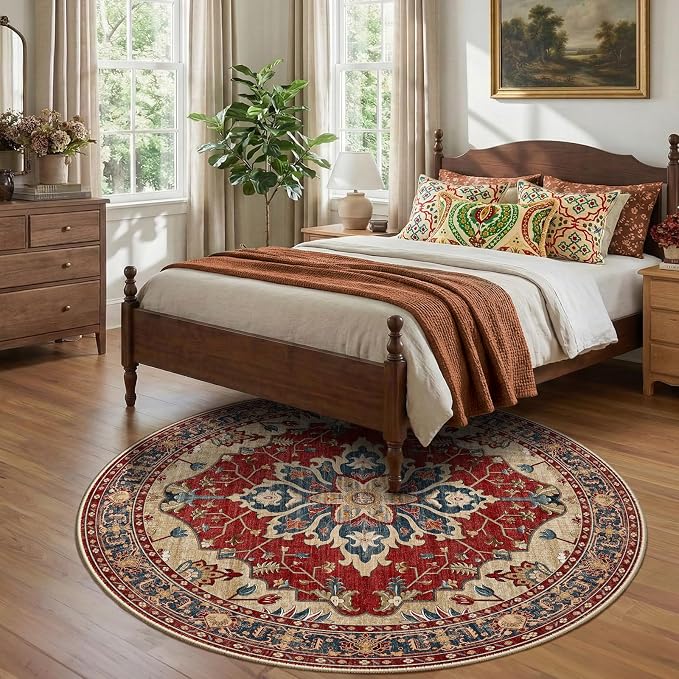 RELEANY Area Rugs Round 7ft Washable Non-Slip, Floral Vintage Distress Print - Image 2