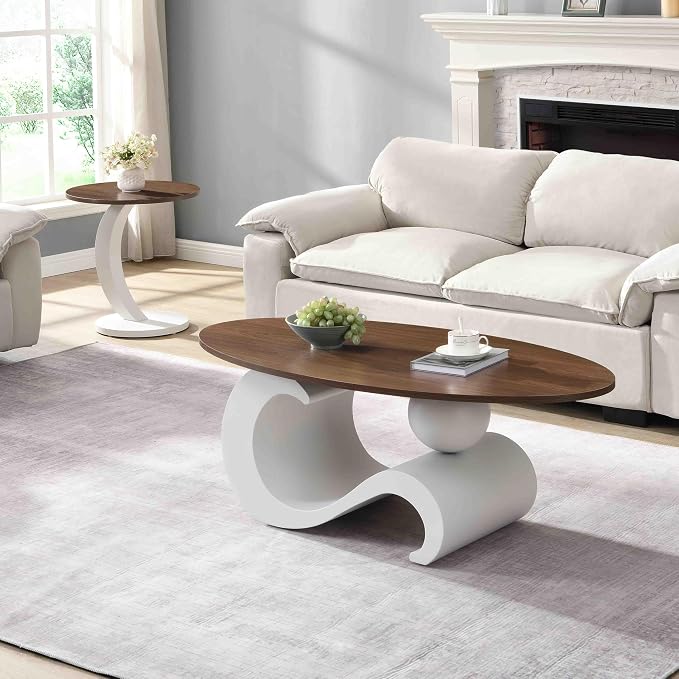 Modern Oval Coffee Table Set of 2, Wood Nesting Coffee Tables - Image 4