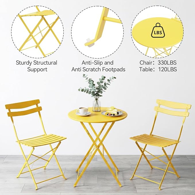 GarveeLife 3 Piece Patio Bistro Set, Folding Patio Bistro Table and Chairs Set - Image 6