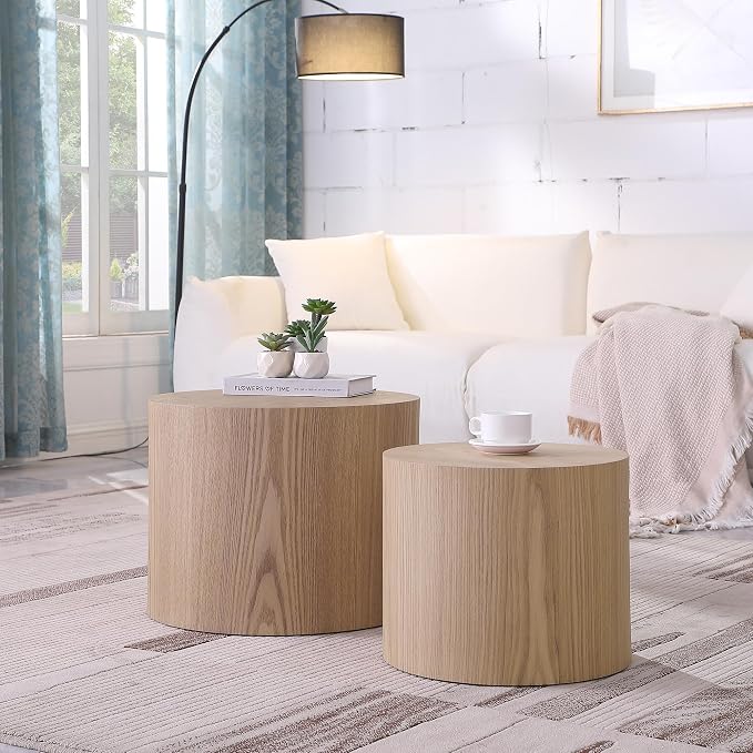 Small Round Coffee Table Nesting End Table Set of 2, Wood Side Circle Accent by HanStrong