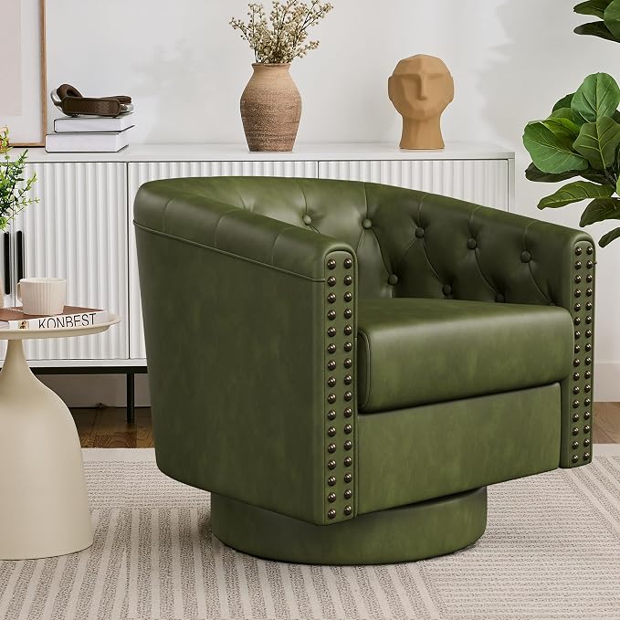Swivel Barrel Accent Chairs Set of 2, Round Nailhead Faux Leather Living Room - Image 6