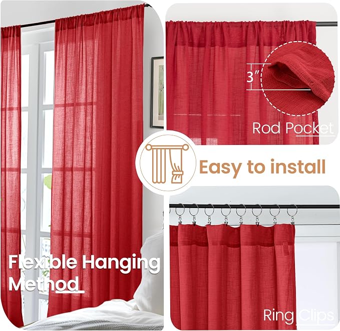 BGment Short Red Linen Curtains 48 Inch Length - Image 6
