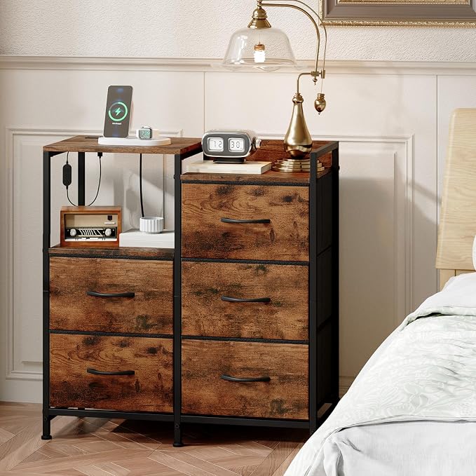 Somdot Nightstand with Charging Station and LED Light, Wide 5 Drawers Dresser - Image 8