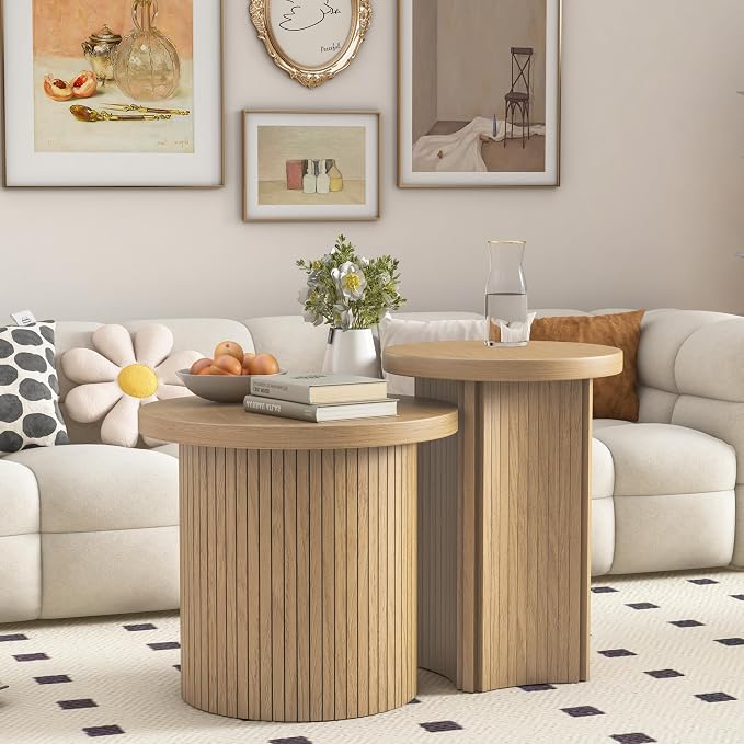 Set of 2 Nesting Coffee Tables Farmhouse, Round Coffee Tables Living Room - Image 3