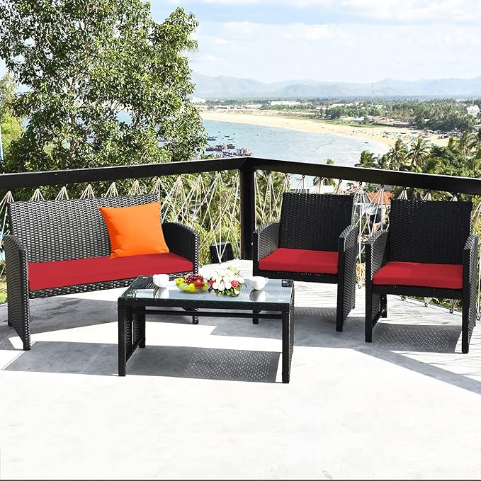 Tangkula Patio Wicker Conversation Furniture Set, Patiojoy Sofa & Table Set w/4 - Image 2