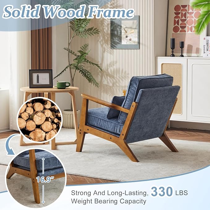 VINGLI Solid Wood Wide Armrests Accent Chair, Upholstered Mid Century Modern - Image 4
